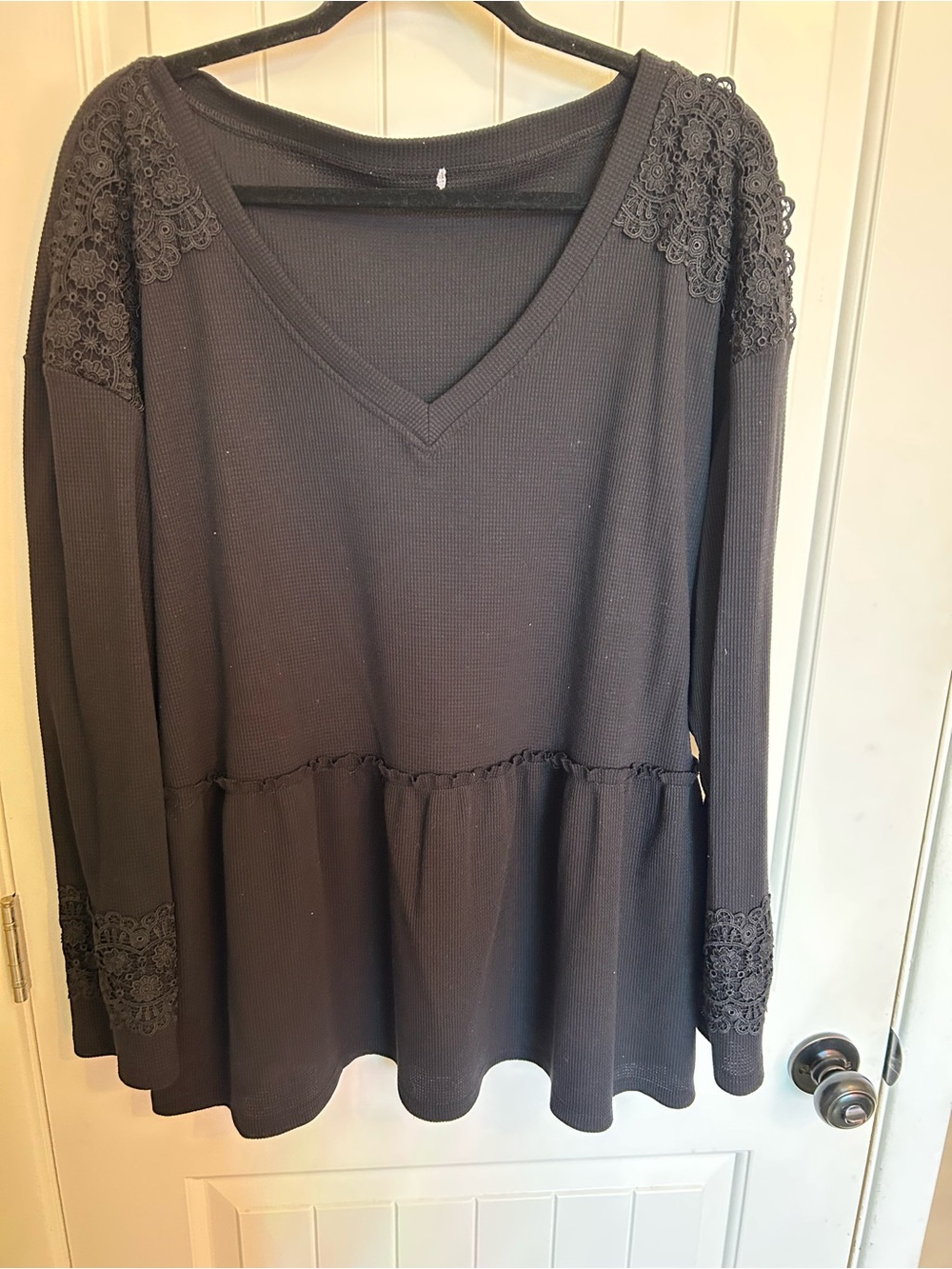 Black V-Neck Crochet Shoulder Peplum Top - Women